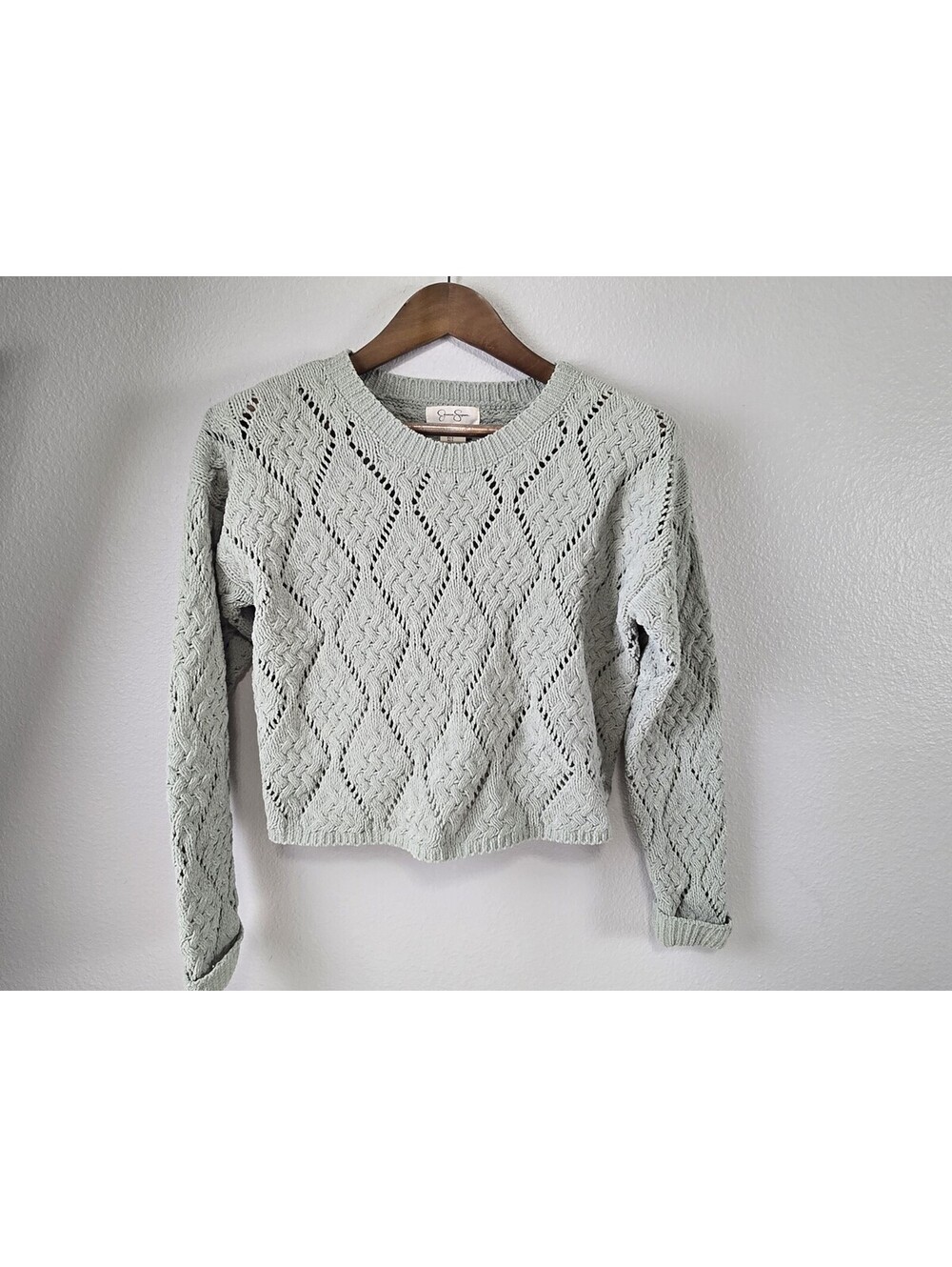 Womens Jessica Simpson Size SMALL Green Knit Sweater Crop Top Long Sleeve Shirt